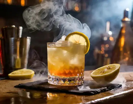Smoked Cocktail Recipes Using the MBB Cocktail Smoking Kit - Glass of smoky cocktail garnished with lemon.