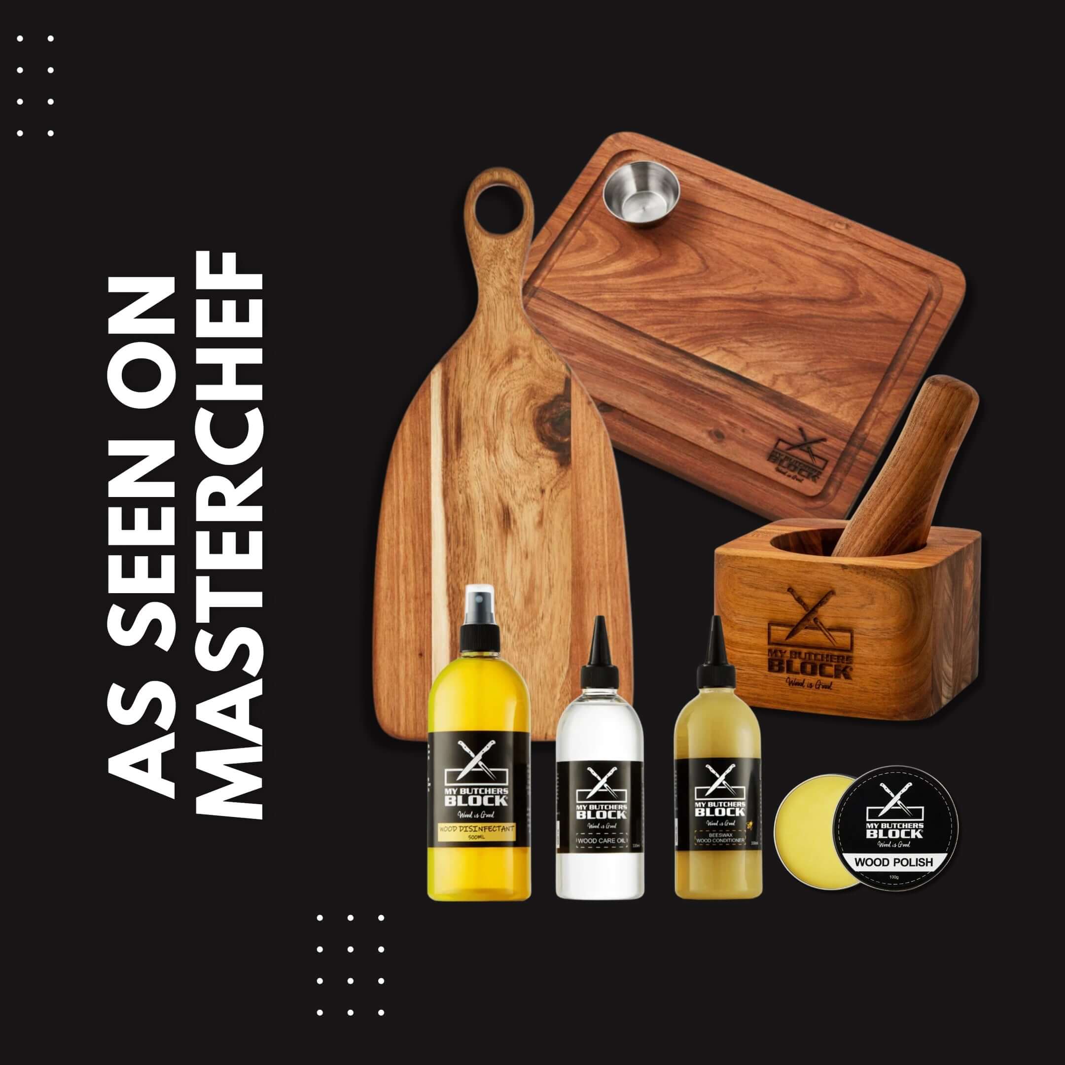 As seen on MasterChef, showcasing quality chopping boards, serving platters, and kitchen accessories from My Butchers Block.