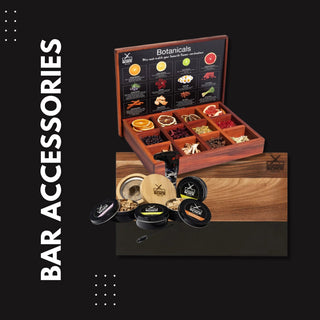 Stylish bar accessories collection featuring a wooden spice box and elegant containers for enhanced entertaining.