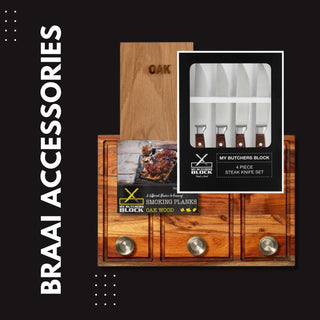 Braai accessories including oak smoking planks and a 4-piece steak knife set from My Butchers Block.