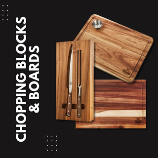 Premium chopping blocks and boards featuring high-quality wood and kitchen knives, showcasing durability and style.