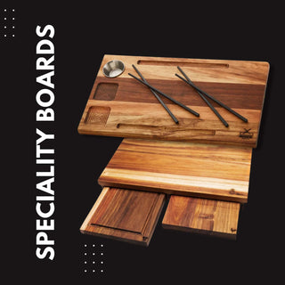 Stylish specialty wooden boards designed for culinary tasks, featuring chopsticks and a convenient holder.