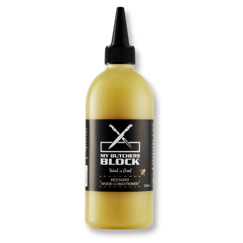 My Butcher's Block Beeswax Wood Conditioner bottle, 330ml, for maintaining kitchen wooden surfaces.