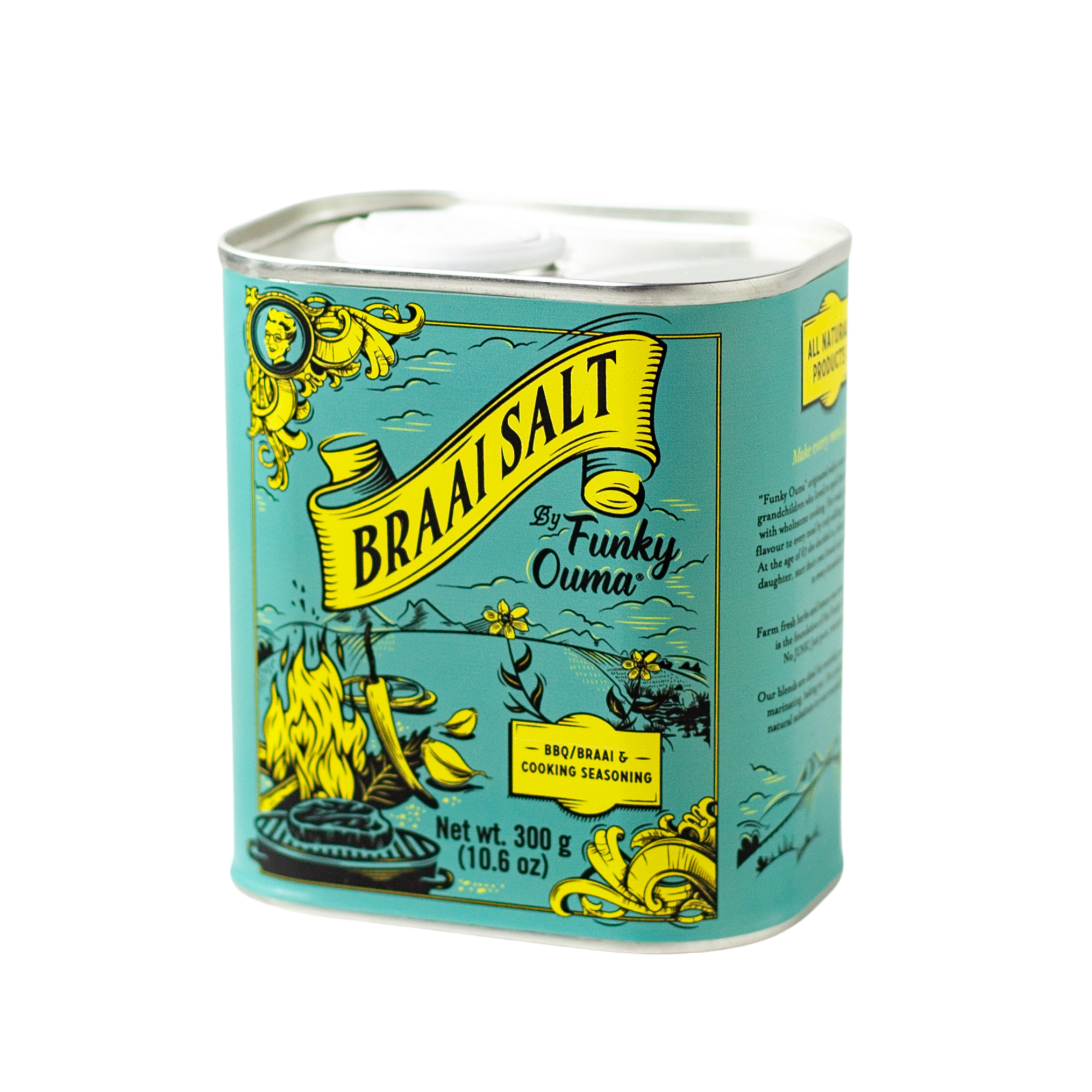 Funky Ouma Braai Salt can, 300g, BBQ seasoning for flavorful grilling and cooking.