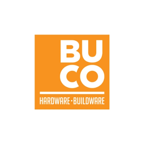 BUCO logo featuring bold white text on an orange background, representing hardware and buildware services.