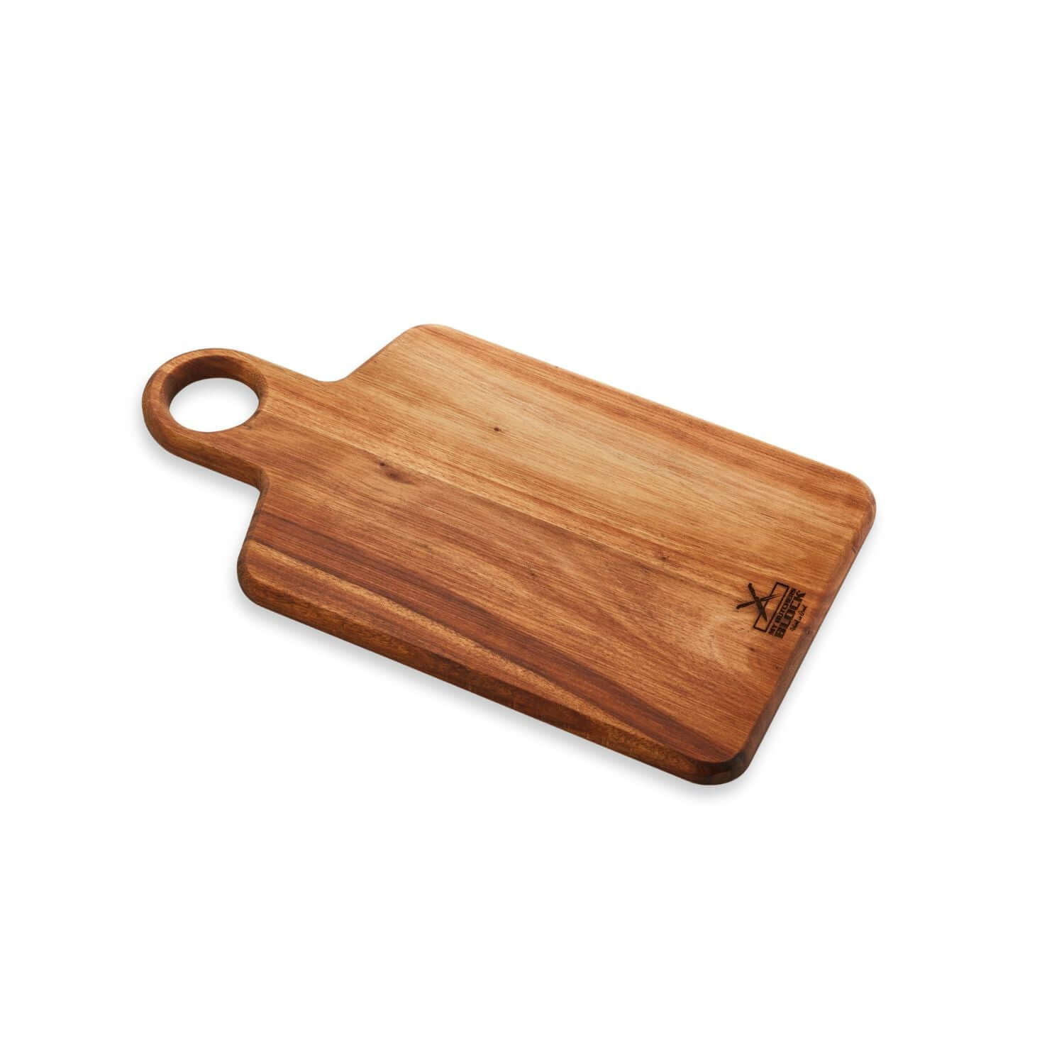 Large wooden paddle board with rounded handle, ideal for chopping and serving food.