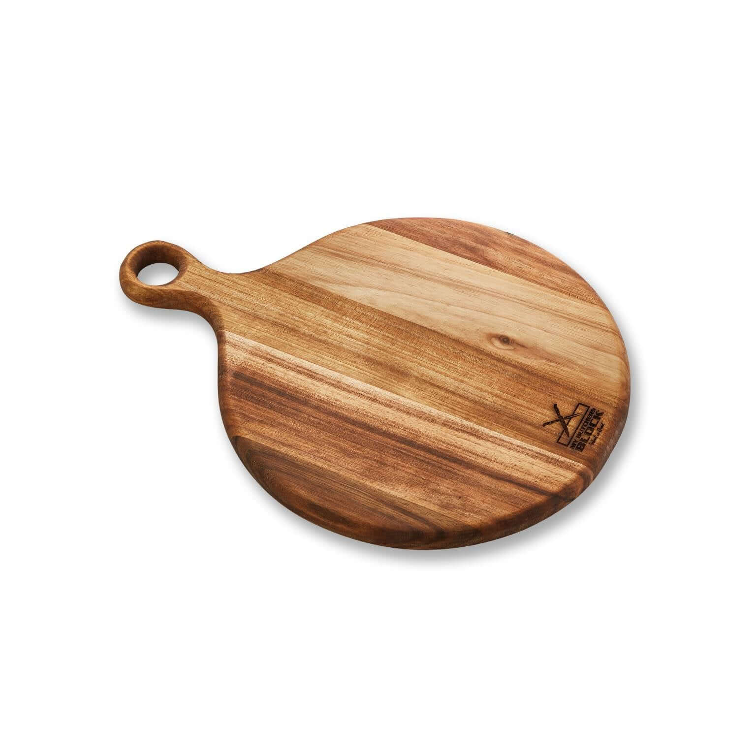 Medium round serving board with handle, perfect for slicing and serving pizzas and charcuterie platters.