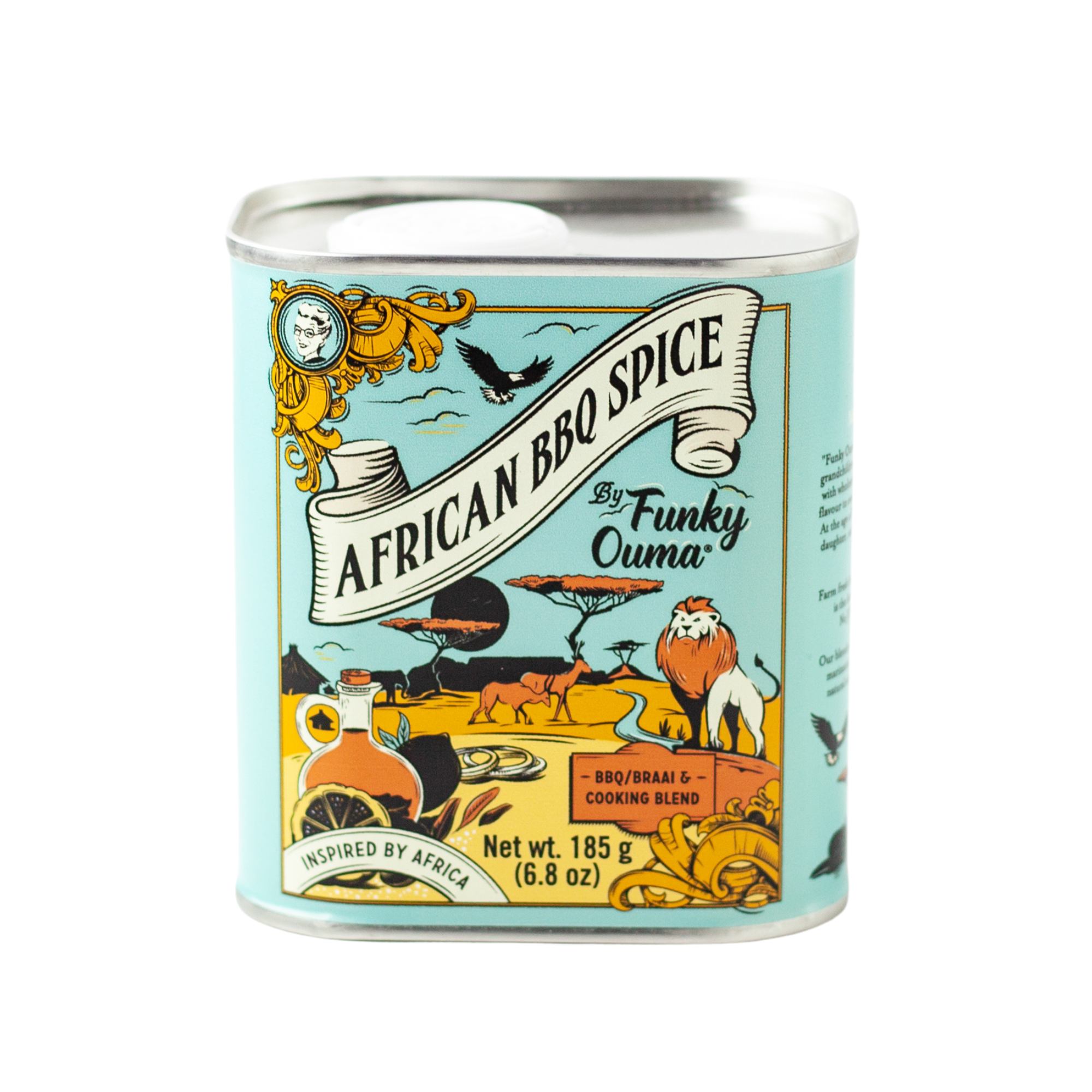 Funky Ouma African BBQ Spice can, 185g, vibrant design, perfect for braai cooking and seasoning.