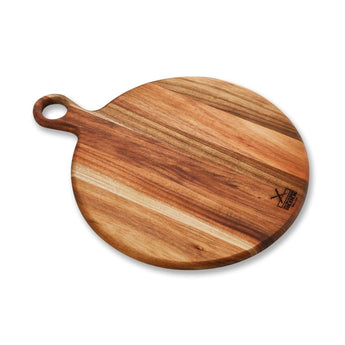 Large round serving board made from wood, ideal for slicing, dicing, and serving in a stylish kitchen.
