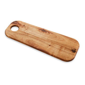 Acacia wood bread board with round corners, ideal for serving and kitchen tasks.