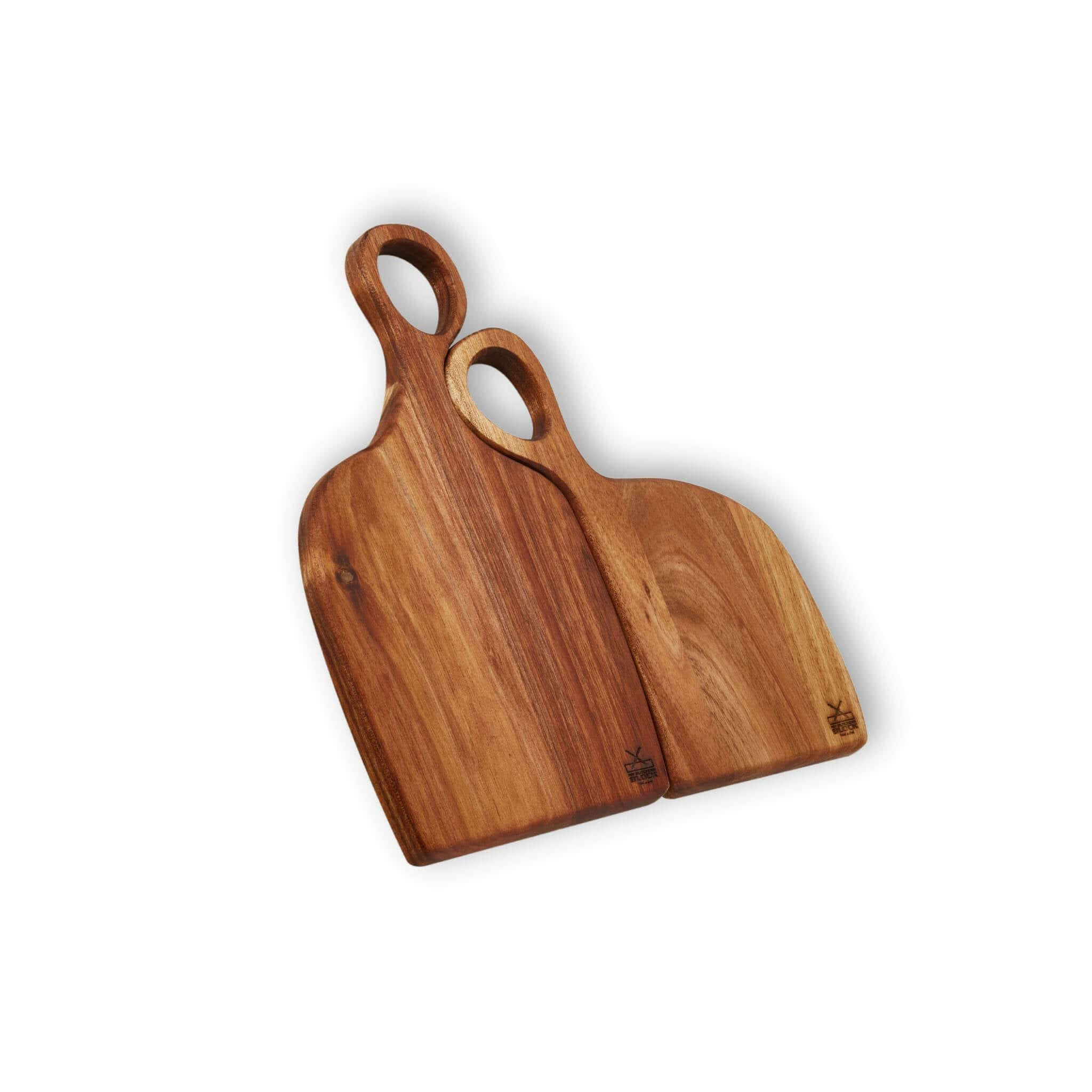 Nesting Board Set Small: Two stylish wooden serving boards with ergonomic handles for easy handling and modern design.