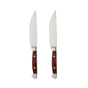 Set of two My Butchers Block steak knives with wooden handles and stainless steel blades for effortless slicing.
