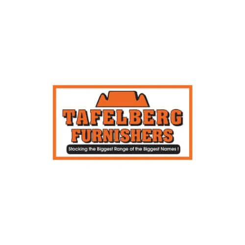 Logo of Tafelberg Furnishers with orange text