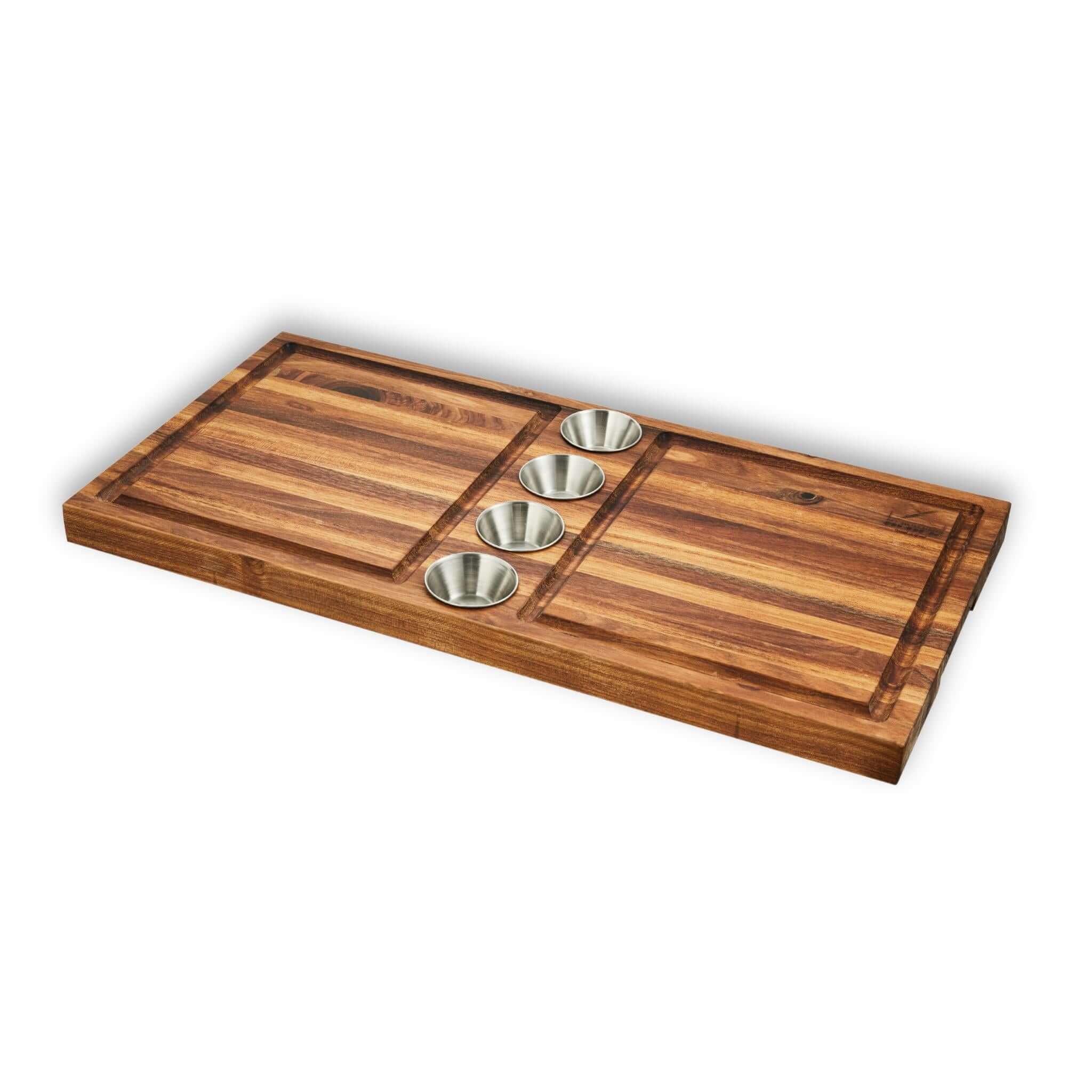 Stylish meat board with stainless steel bowls for grilling and serving, perfect for outdoor cooking and entertaining.