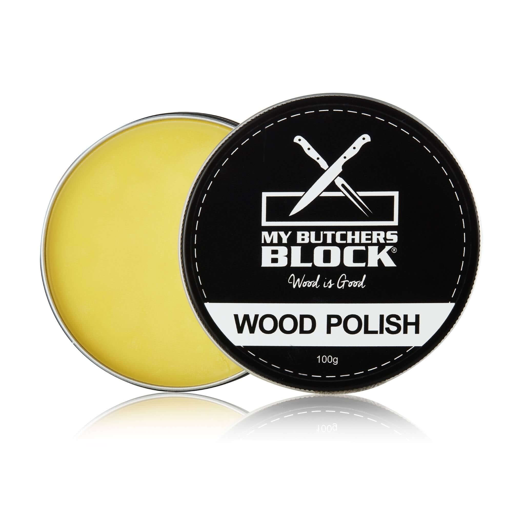 Natural wood polish in a round tin, safe for food contact and ideal for nourishing wooden surfaces.