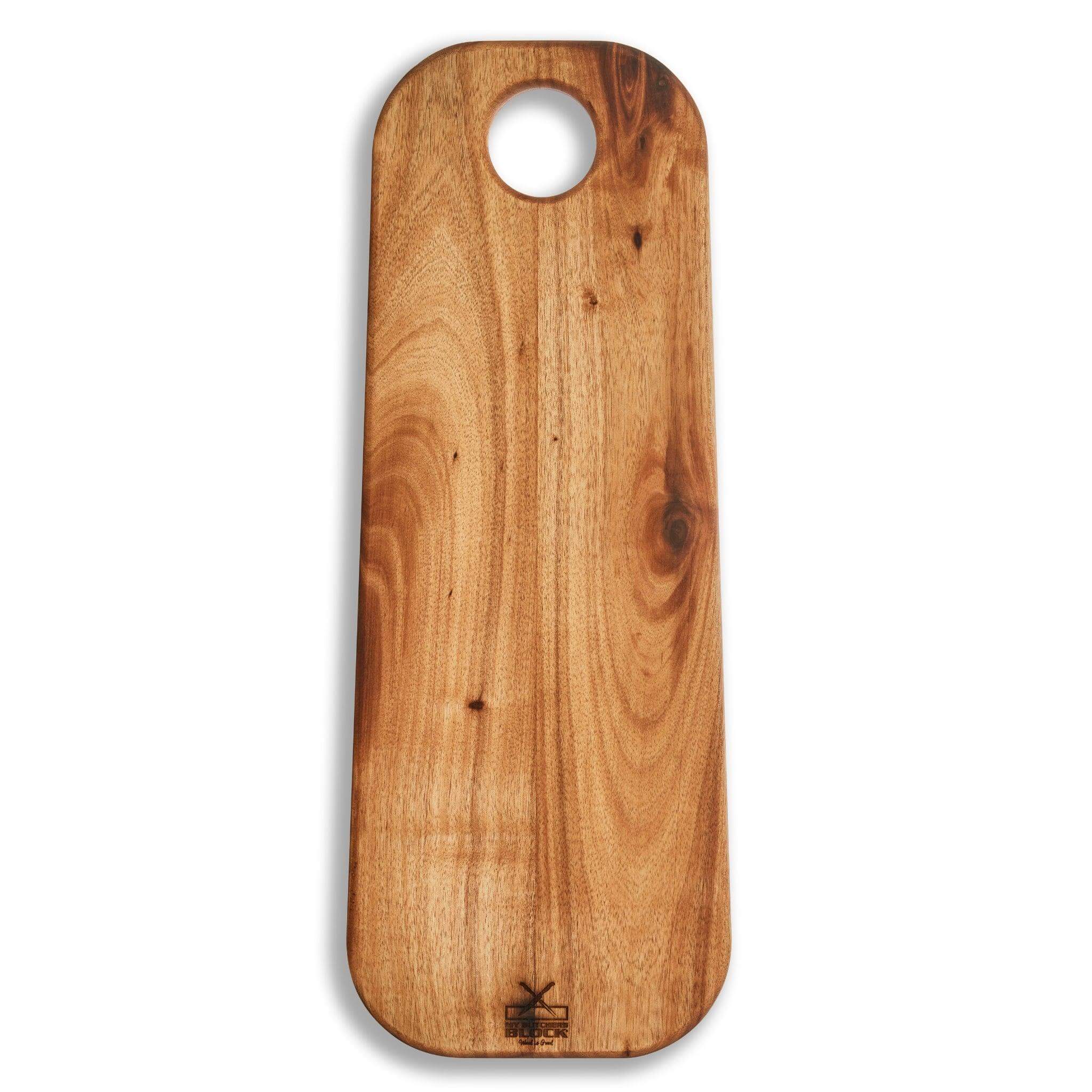 High-quality Acacia wood bread board with round corners and a hanging hole for easy storage.