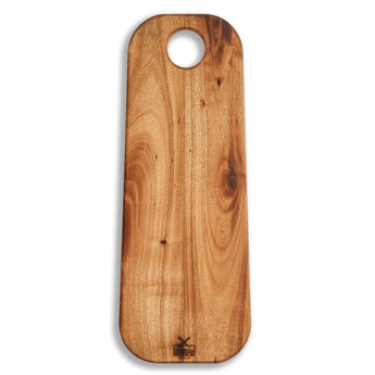 High-quality Acacia wood bread board with round corners and a hanging hole for easy storage.