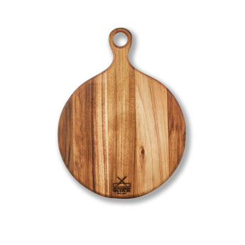 Round Serving Board Medium made of natural wood, ideal for slicing and serving cheese, pizza, or charcuterie.