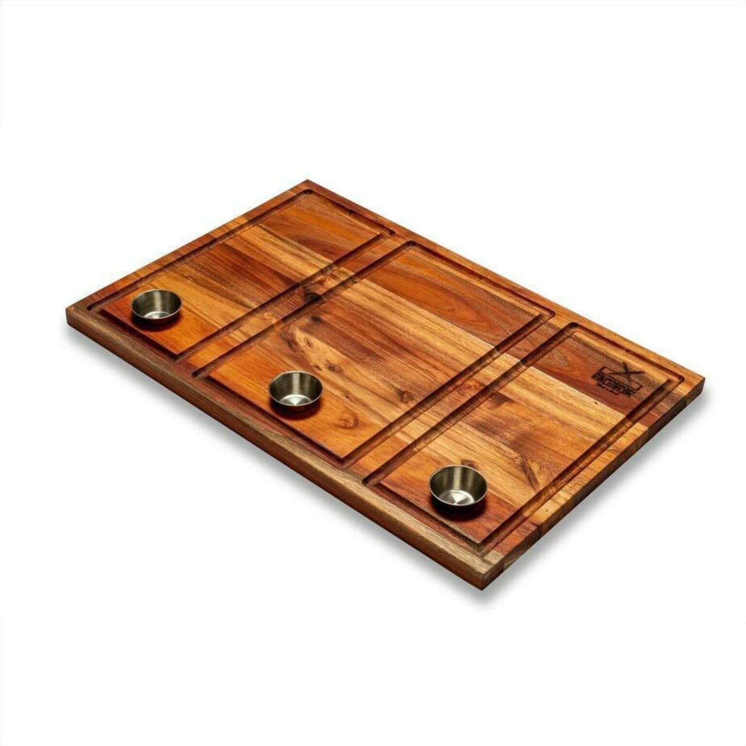 Shisanyama Plankie Braai Board Large with juice grooves and serving bowls for grilling and sharing.