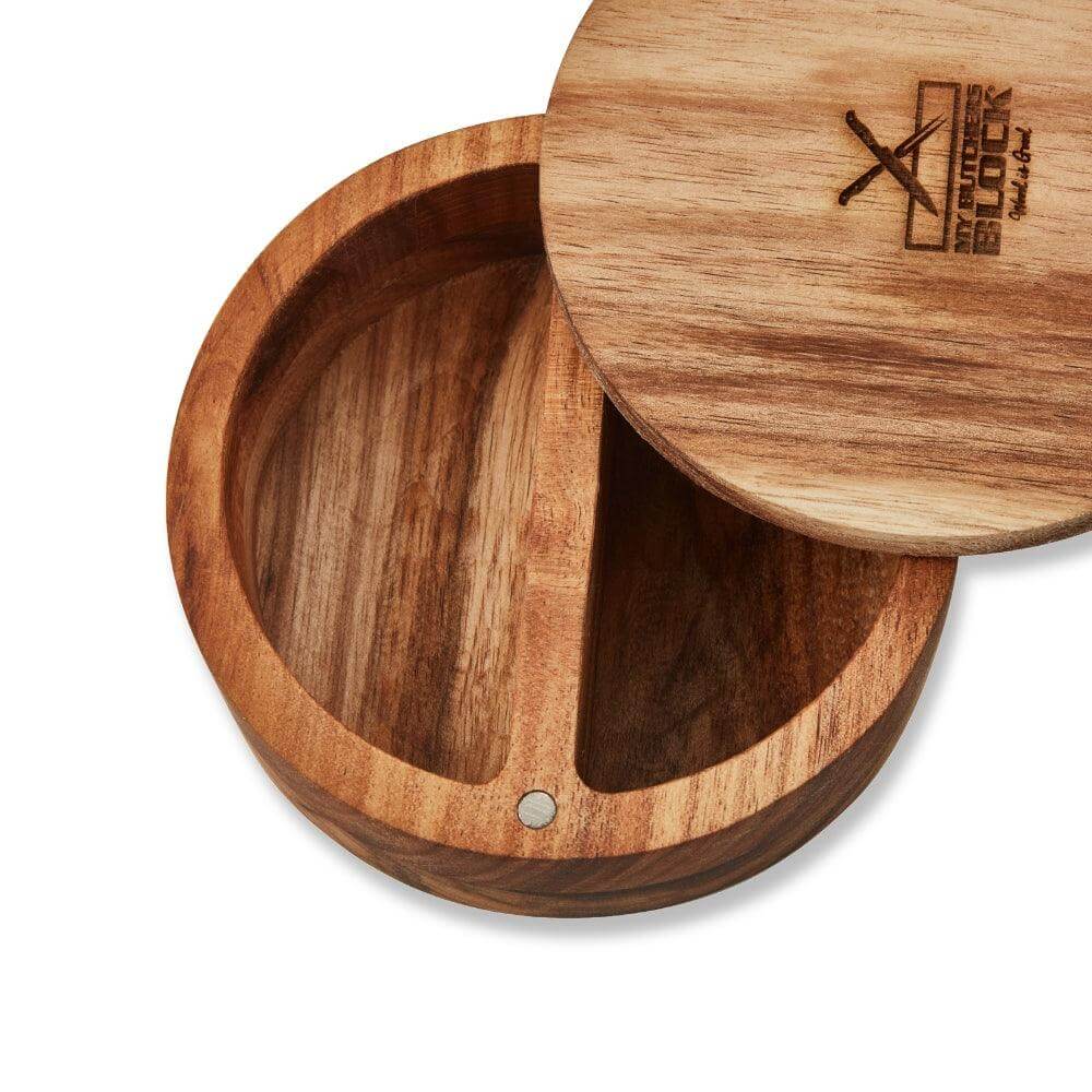Stylish wooden salt and pepper holder with dual compartments and magnetic lid for kitchen organization.