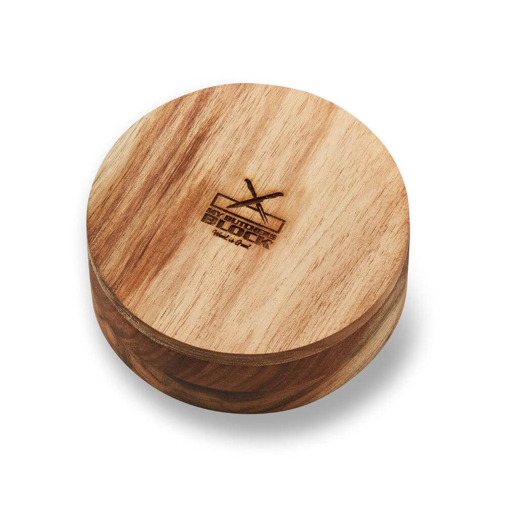 Wooden salt and pepper holder with a round design and engraved logo, perfect for kitchen organization.