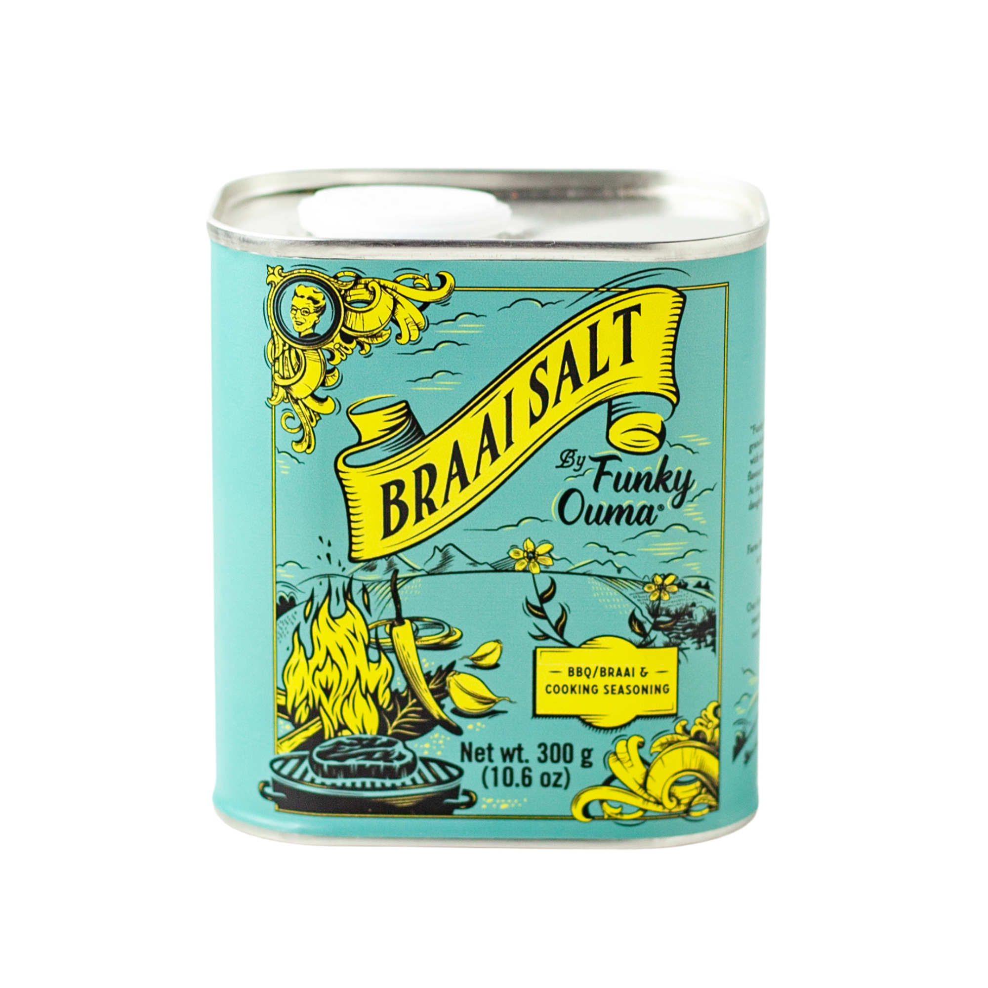 Funky Ouma Braai Salt can, 300g packaging with colorful design for BBQ seasoning.