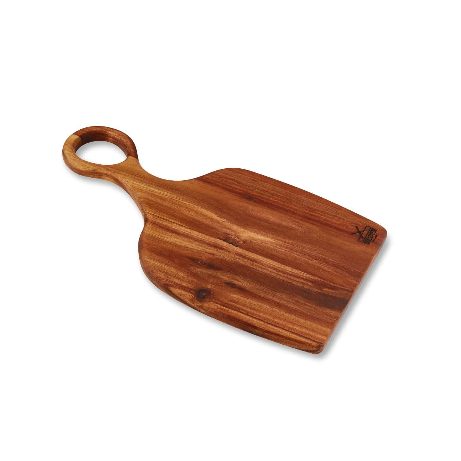 Large wooden serving board with handle perfect for cutting and serving, showcasing a sleek design and elegant finish.