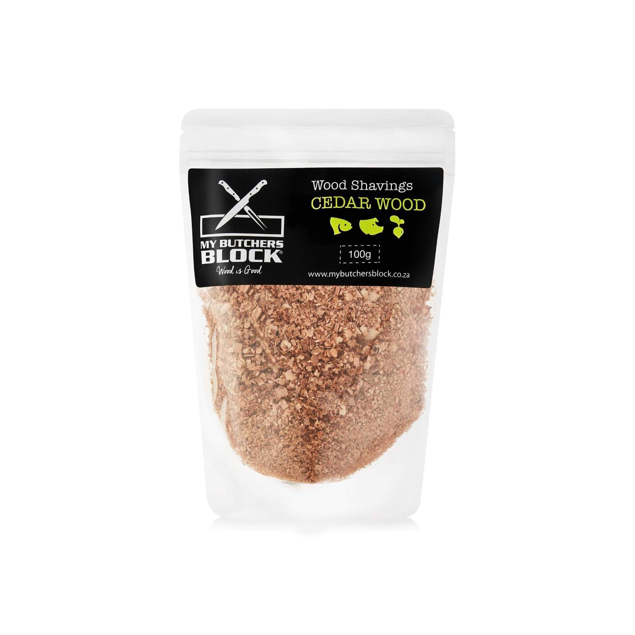 Cedar wood shavings in a transparent pouch, perfect for smoking food and enhancing flavors.