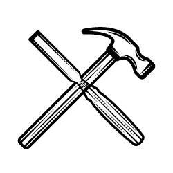 Line art illustration of a hammer and chisel crossed, symbolizing tools for construction and craftsmanship.