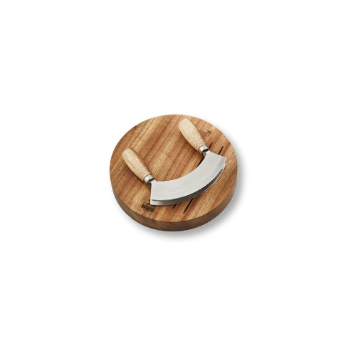 Wooden cutting board with a curved stainless steel knife, ideal for chopping herbs and vegetables.