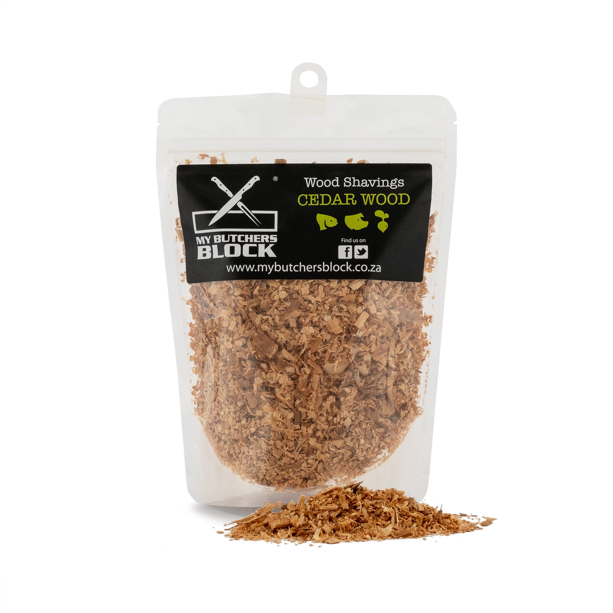 A clear bag of cedar wood shavings for smoking food, showcasing rich texture and aroma.