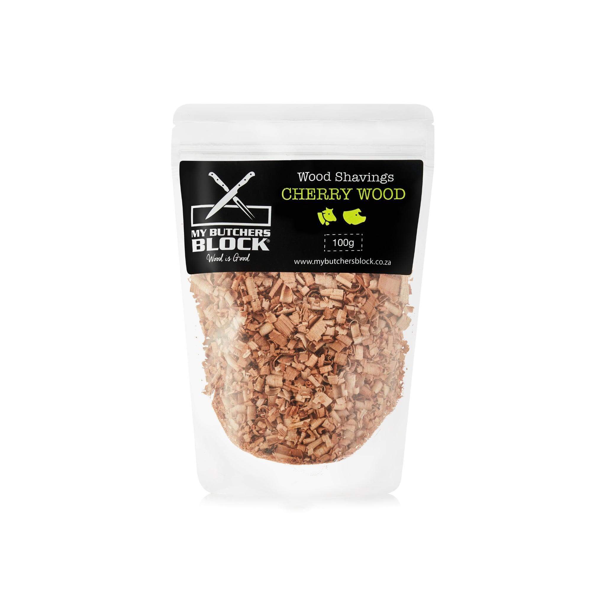 Cherry wood shavings in a clear pouch, perfect for enhancing smoky flavors in various dishes.