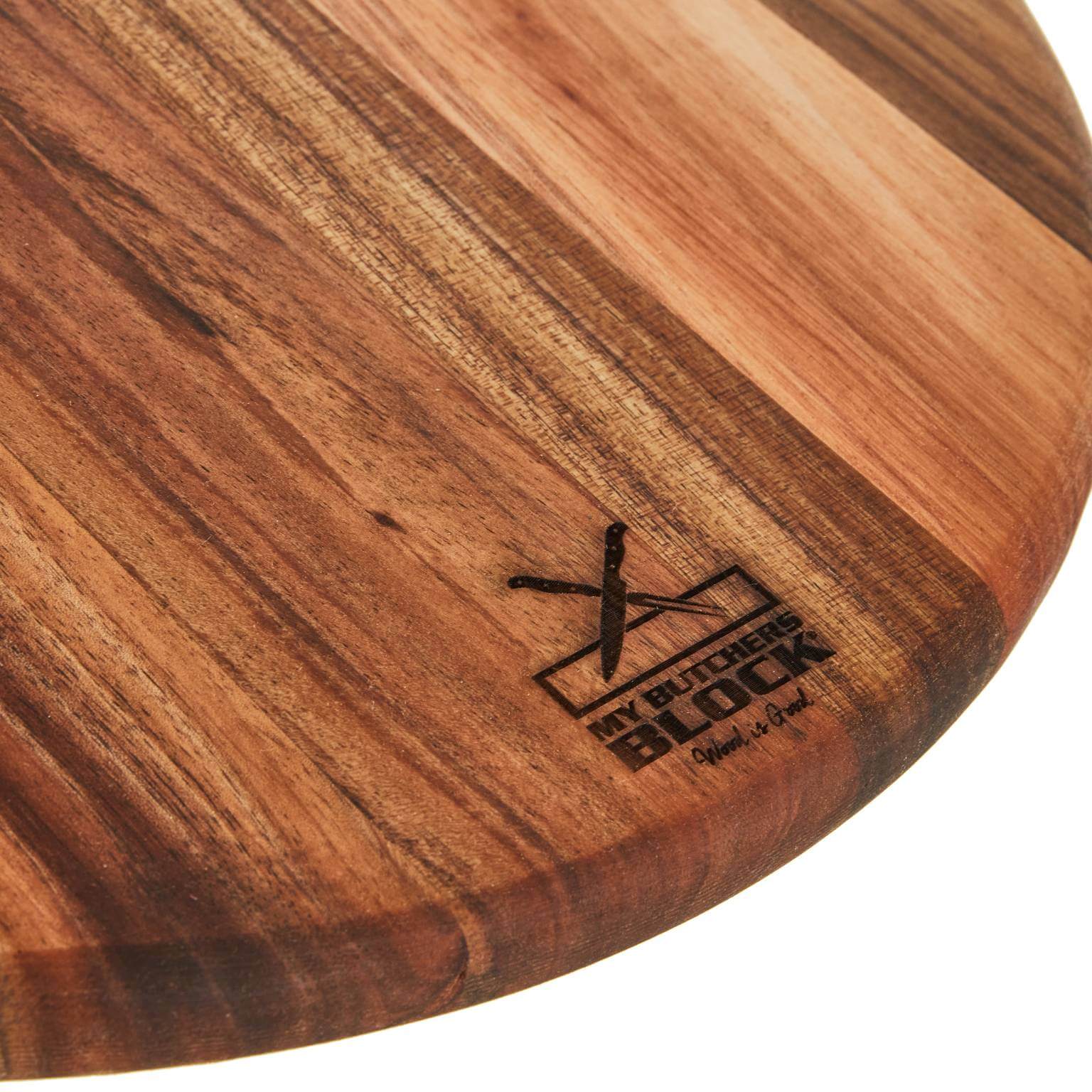 Large round wooden serving board with a stylish design and logo, perfect for slicing and serving in the kitchen.