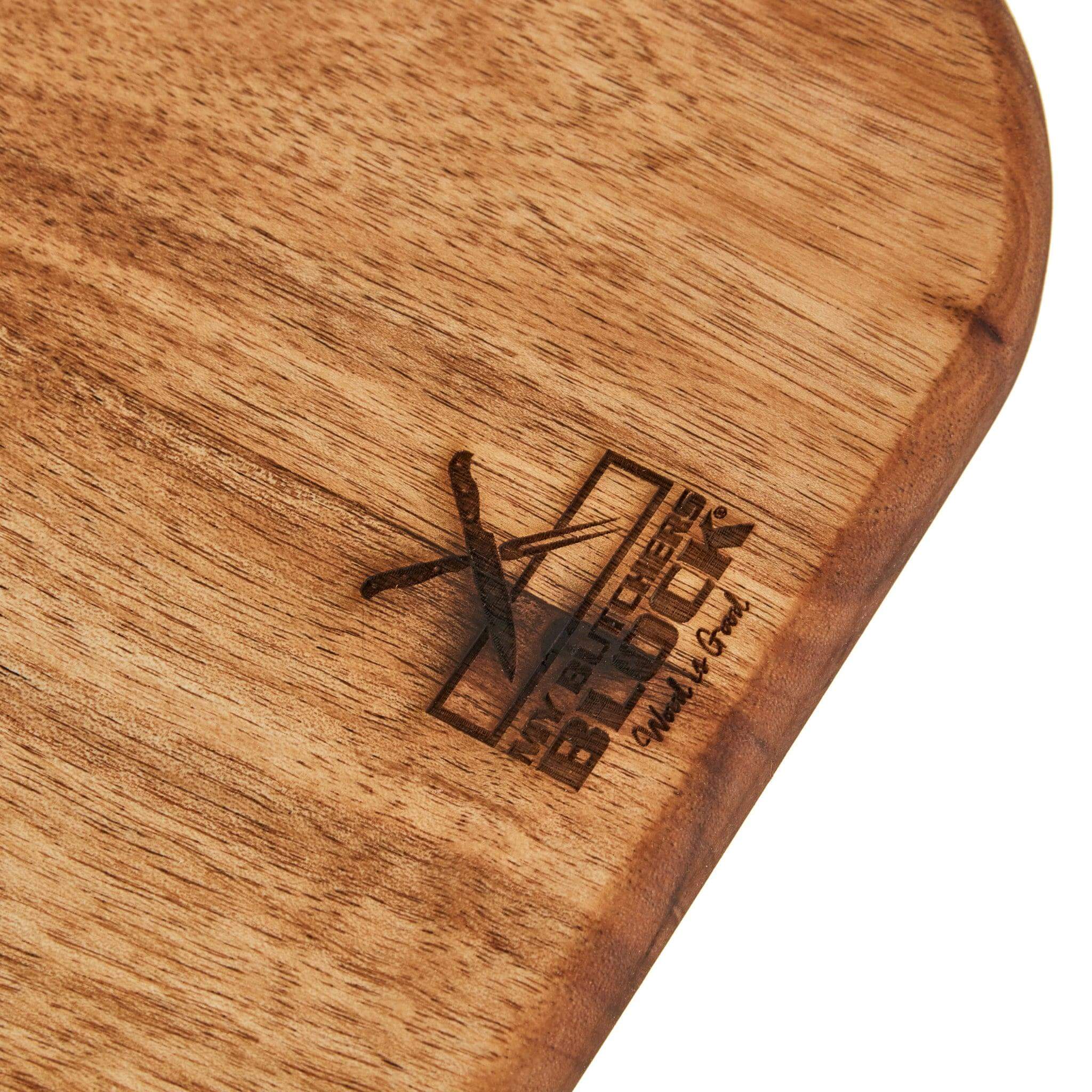 Close-up of a high-quality Acacia wood bread board featuring a branded logo.