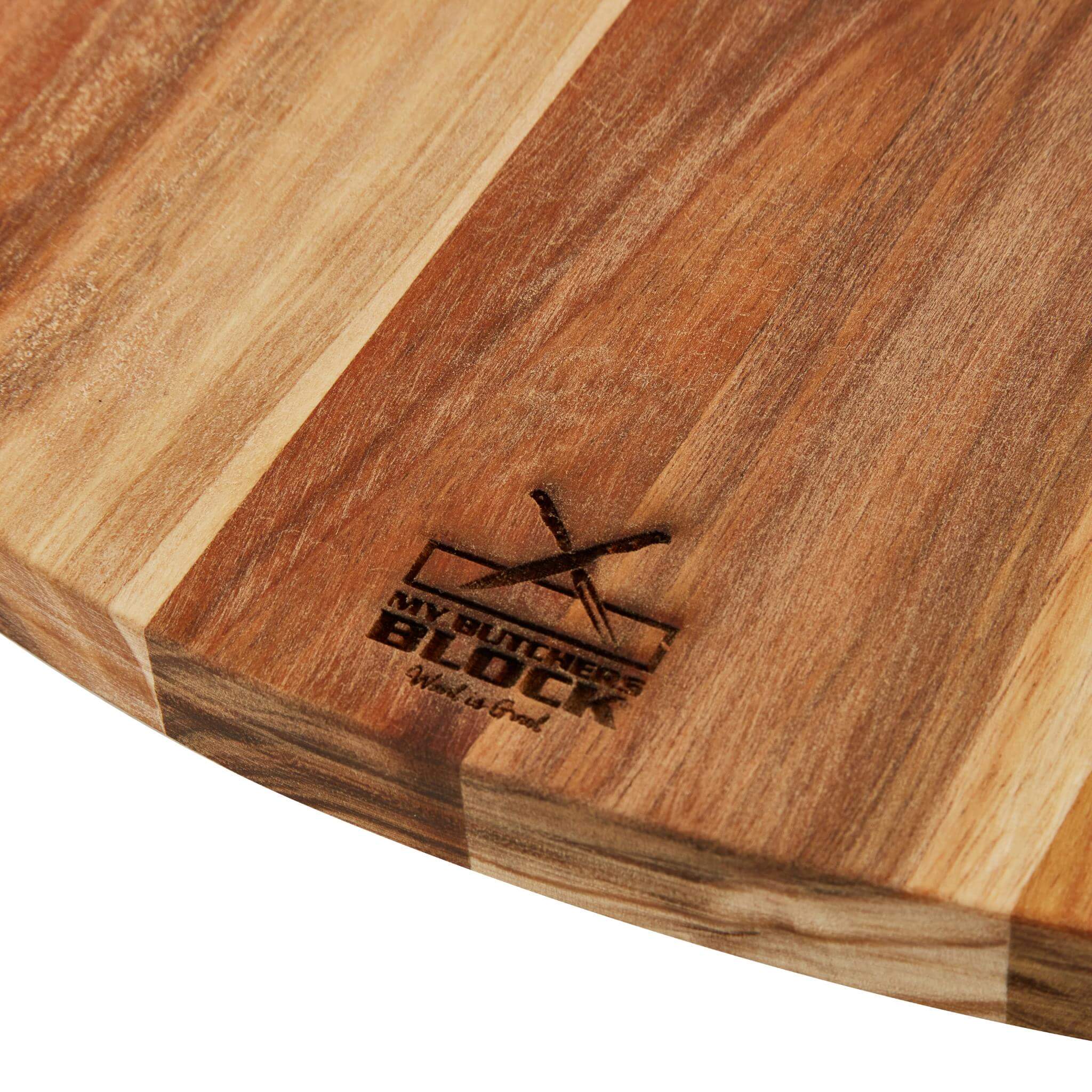 Close-up of Lazy Susan 450mm wooden serving board with elegant striped design and My Butcher Block logo.