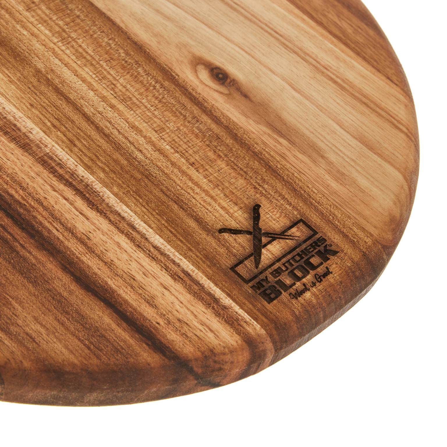 Medium round serving board made of wood, featuring a stylish logo and smooth surface for versatile kitchen use.
