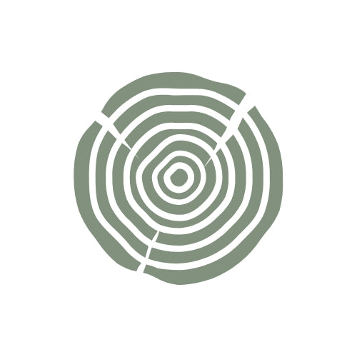 Stylized green tree stump illustration with concentric growth rings, symbolizing nature and sustainability.