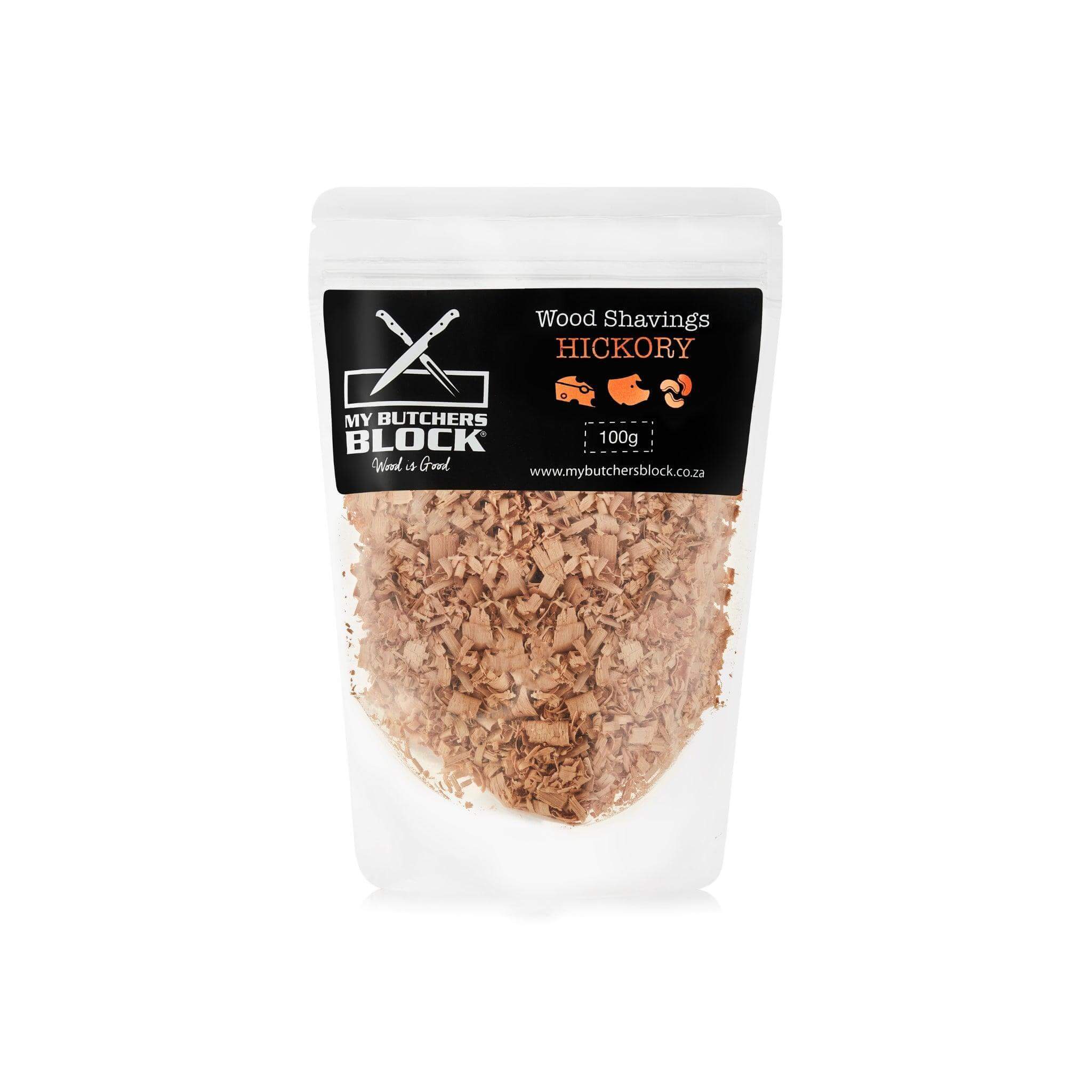 Hickory wood shavings in a clear pouch by My Butcher's Block for enhancing smoky flavors in food.