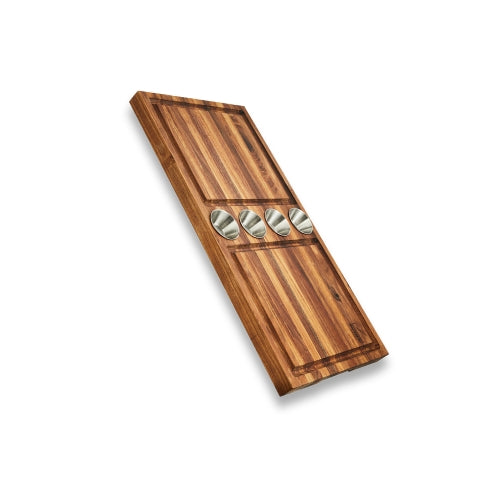 Stylish wooden cutting board with stainless steel handles, perfect for kitchen use.