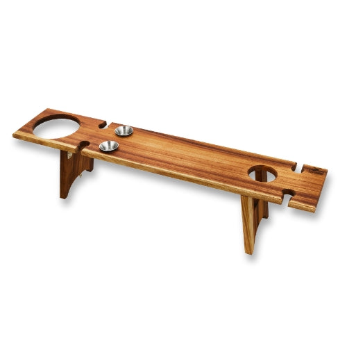 Elegant wooden serving board with two stainless steel bowls and drink holders, perfect for entertaining guests.