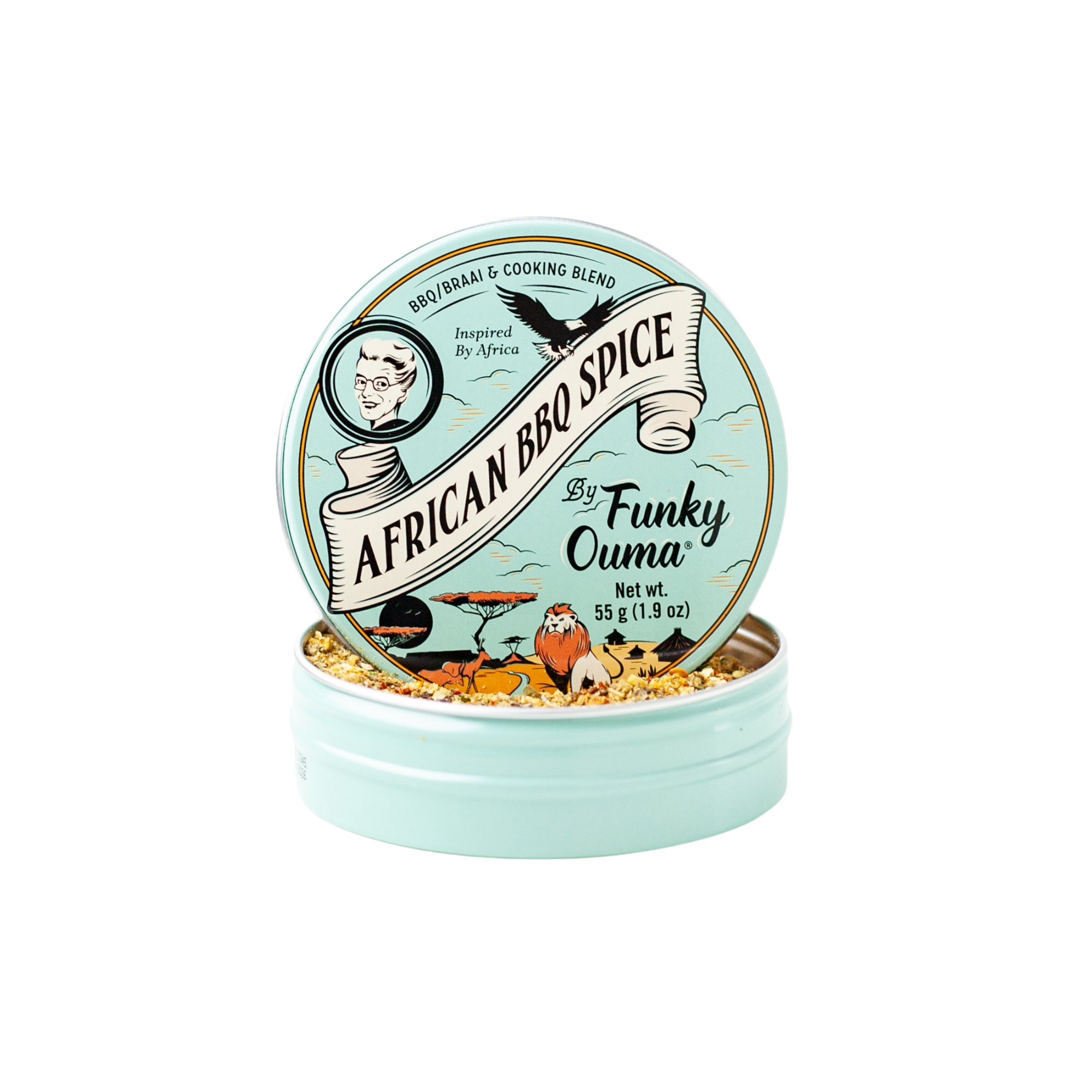 African BBQ Spice by Funky Ouma in a stylish tin, perfect for outdoor grilling and enhancing flavors.