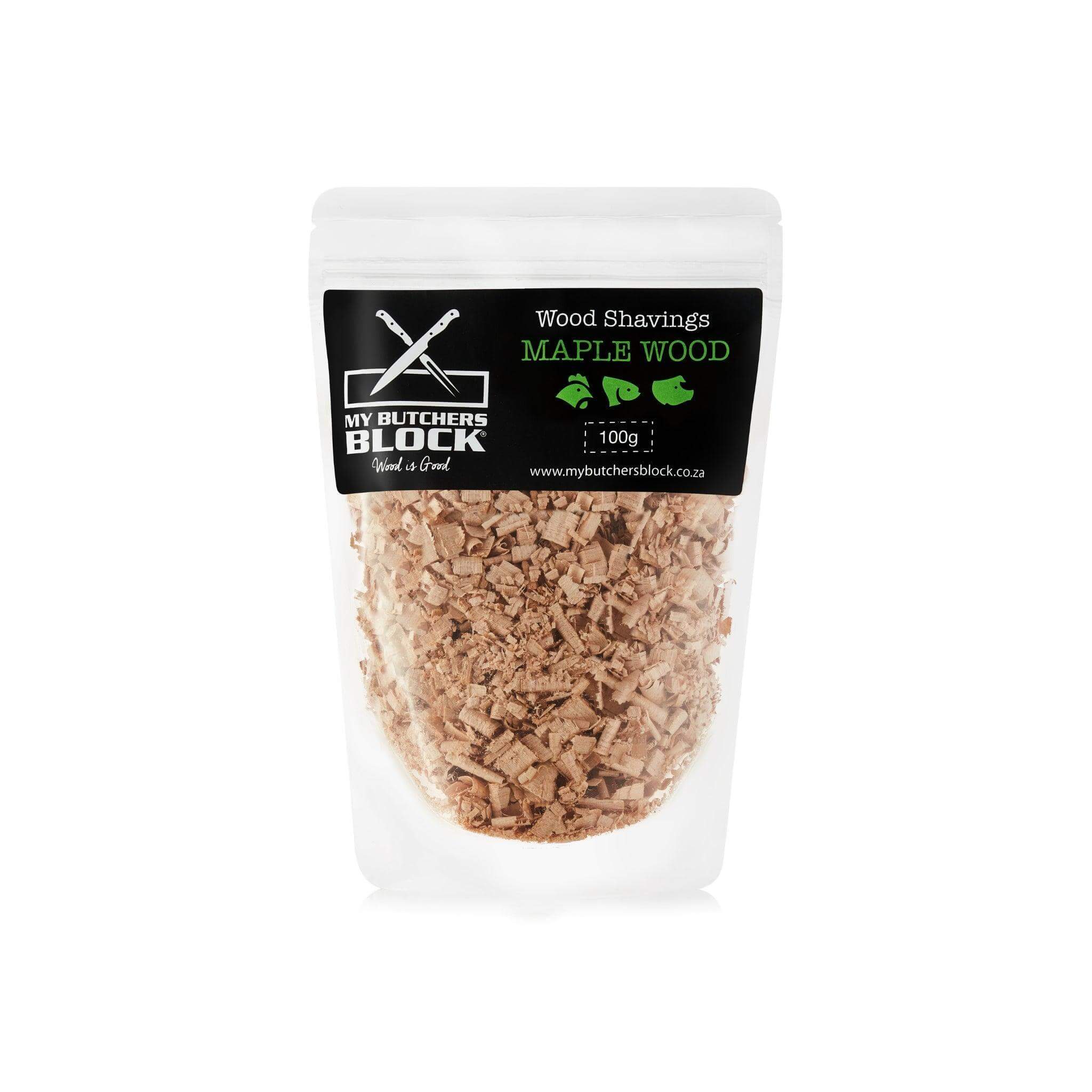 Maple wood shavings in a clear bag for smoking food, perfect for grilling and enhancing flavors.