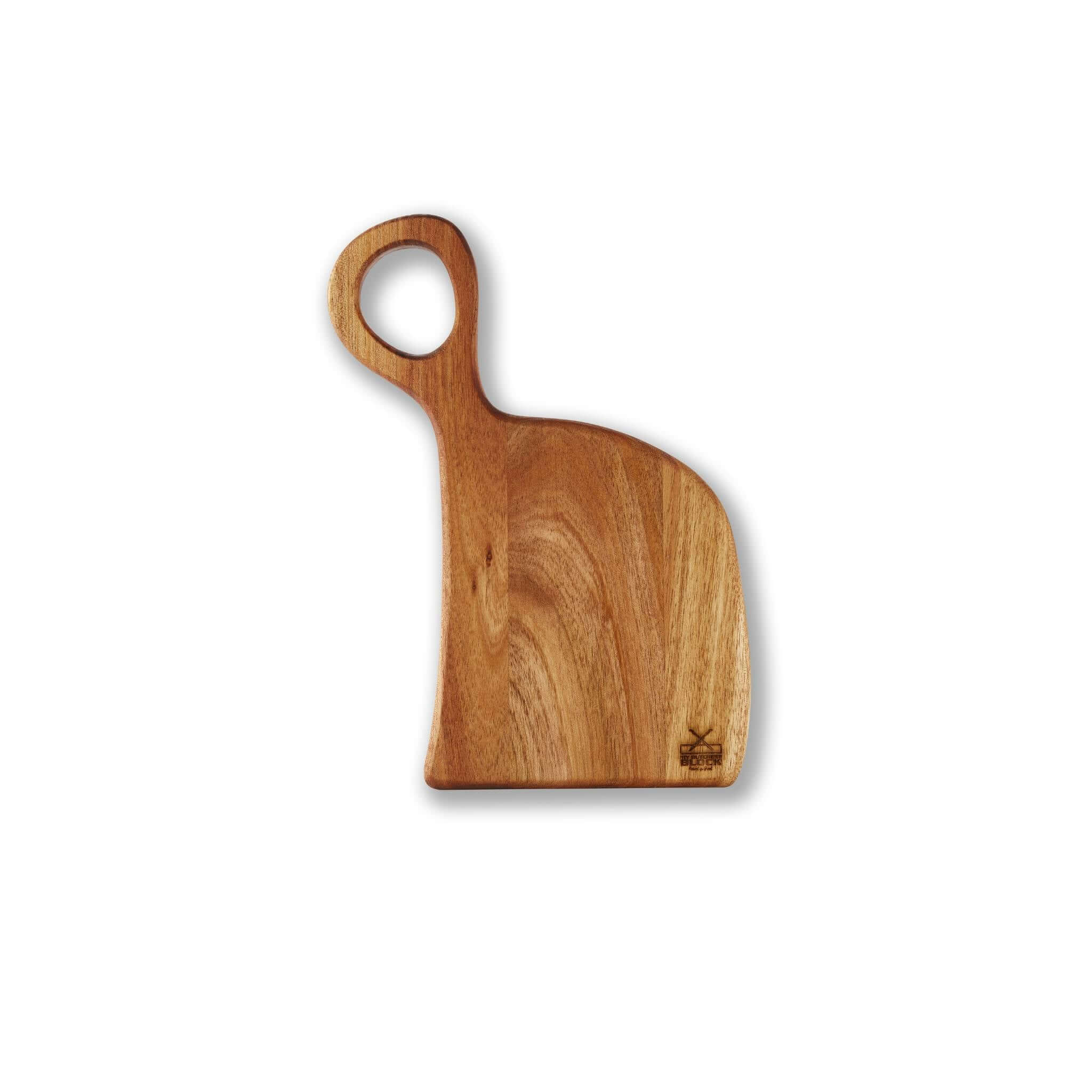 Stylish wooden nesting board with ergonomic handle, perfect for serving snacks or gourmet dishes.