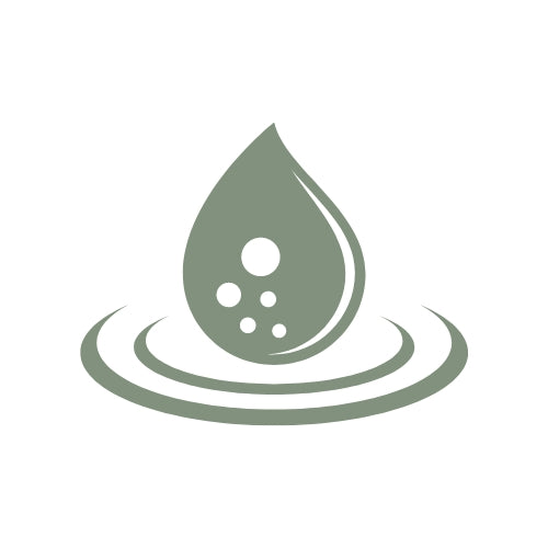 Stylized green water drop icon creating ripples, representing purity and fluidity.