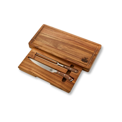 Premium carving knife set displayed in a wooden box, featuring elegant stainless steel blades and comfortable handles.
