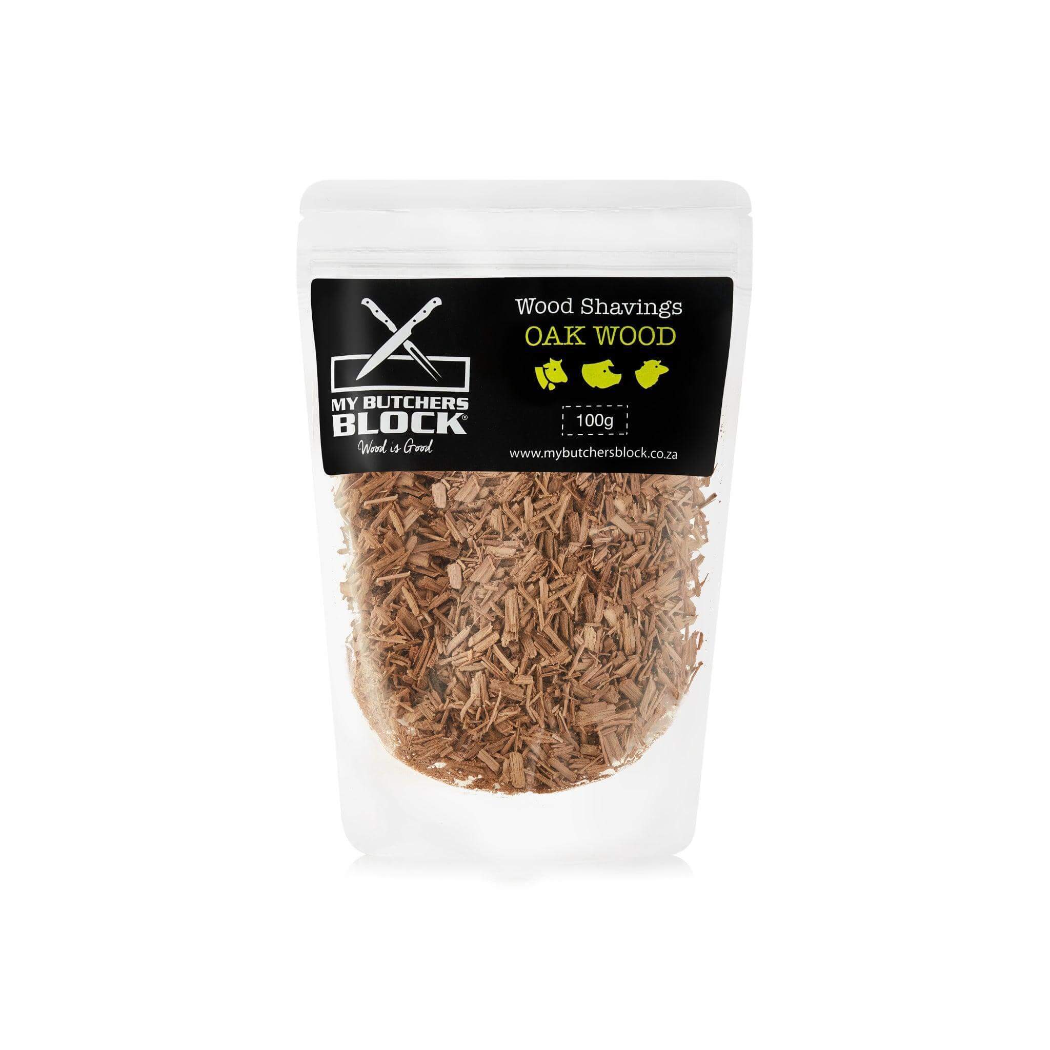 Oak wood shavings in a clear packaging, ideal for adding smoky flavor to grilled and smoked foods.