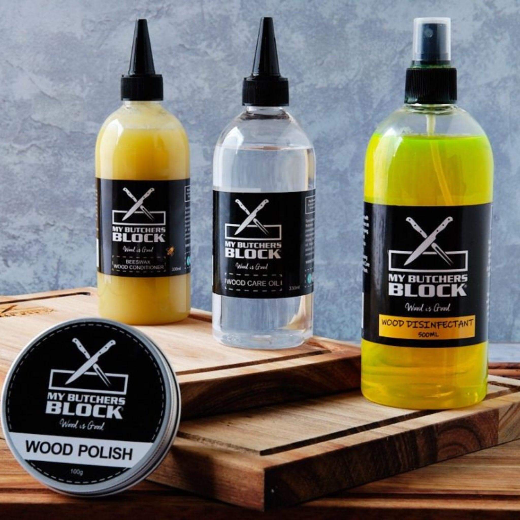 Full Woodcare Product Range from My Butchers Block with wood polish, care oil, and disinfectant for wood maintenance.