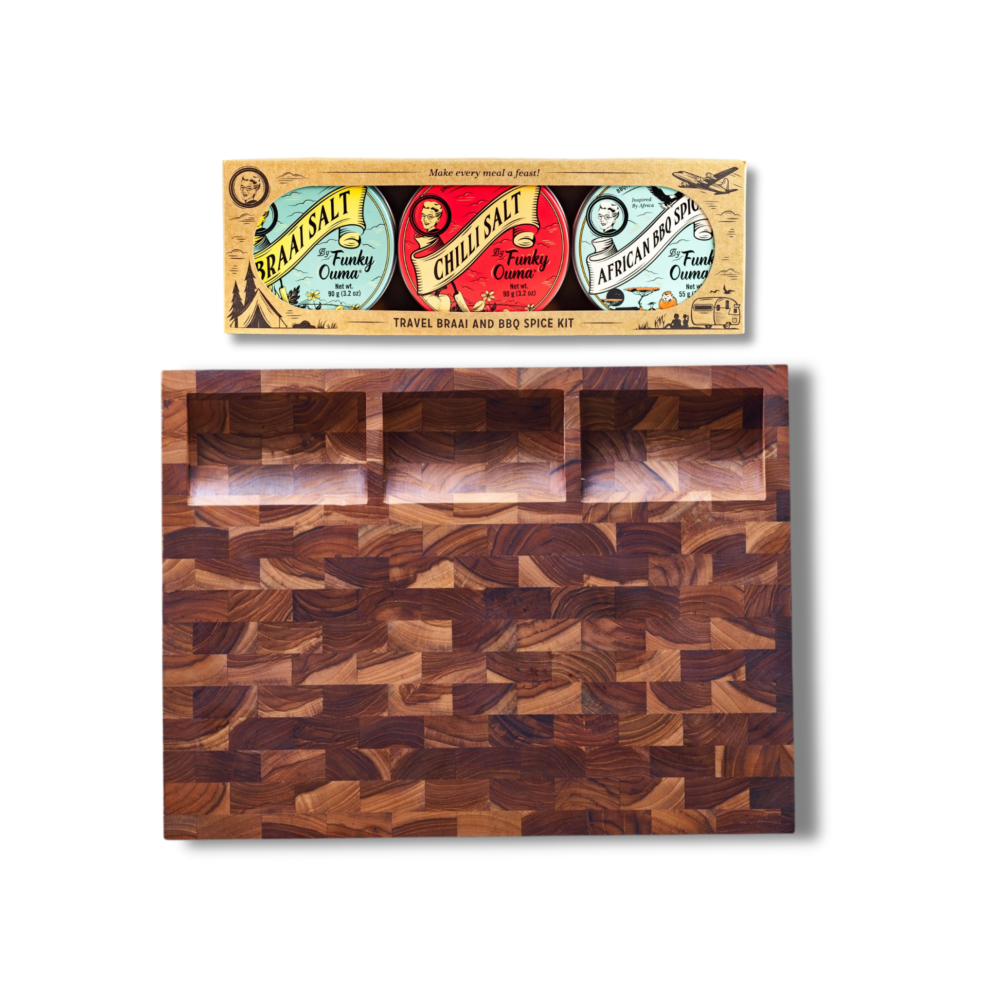 End grain prep board with compartments and Funky Ouma Braai spice kit, perfect for culinary creativity.