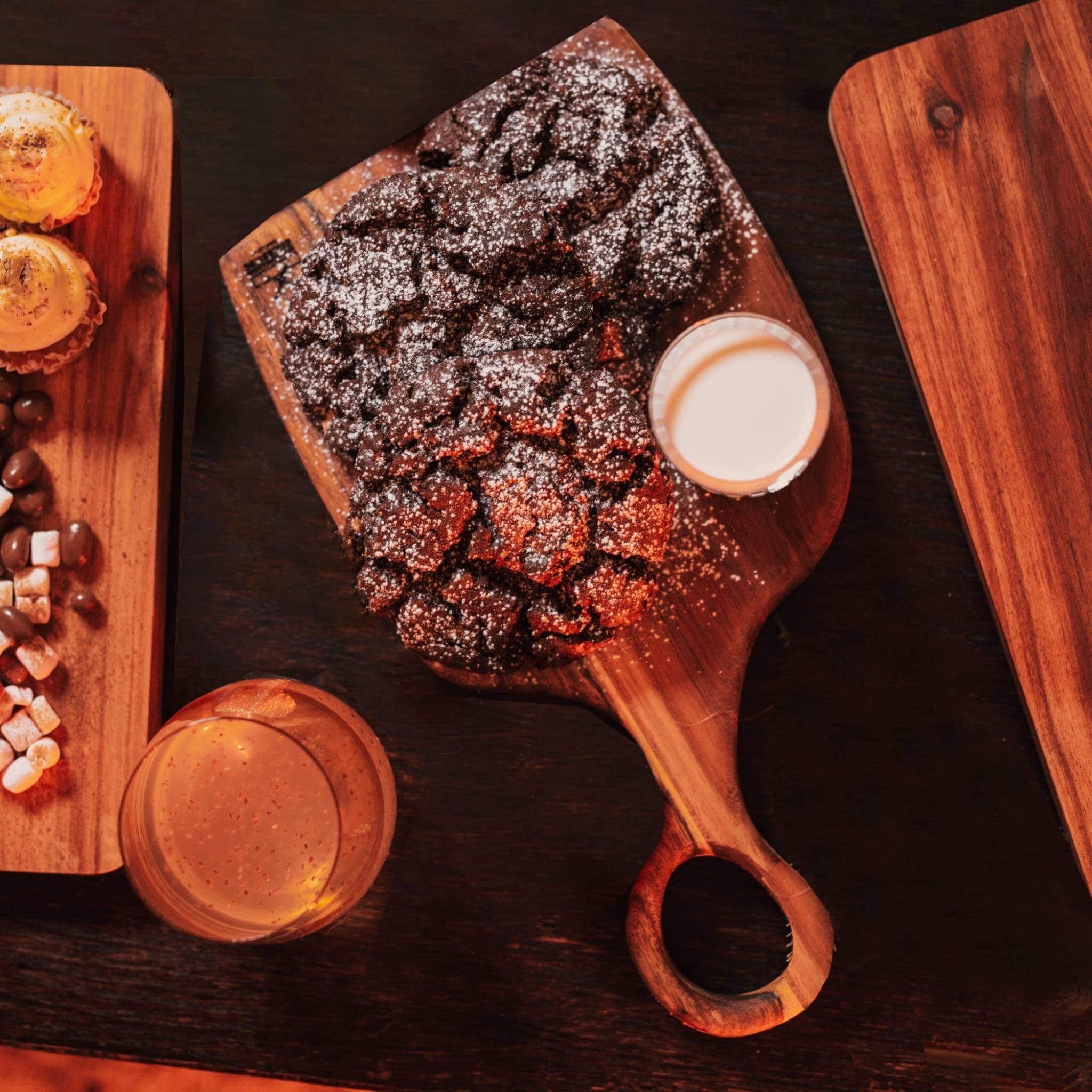 Nesting Board Set Small featuring baked goods and drinks on a wooden serving board, perfect for stylish entertaining.