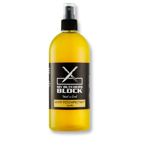 My Butcher's Block wood disinfectant spray in a 500ml bottle, effective for cleaning and sanitizing wooden surfaces.